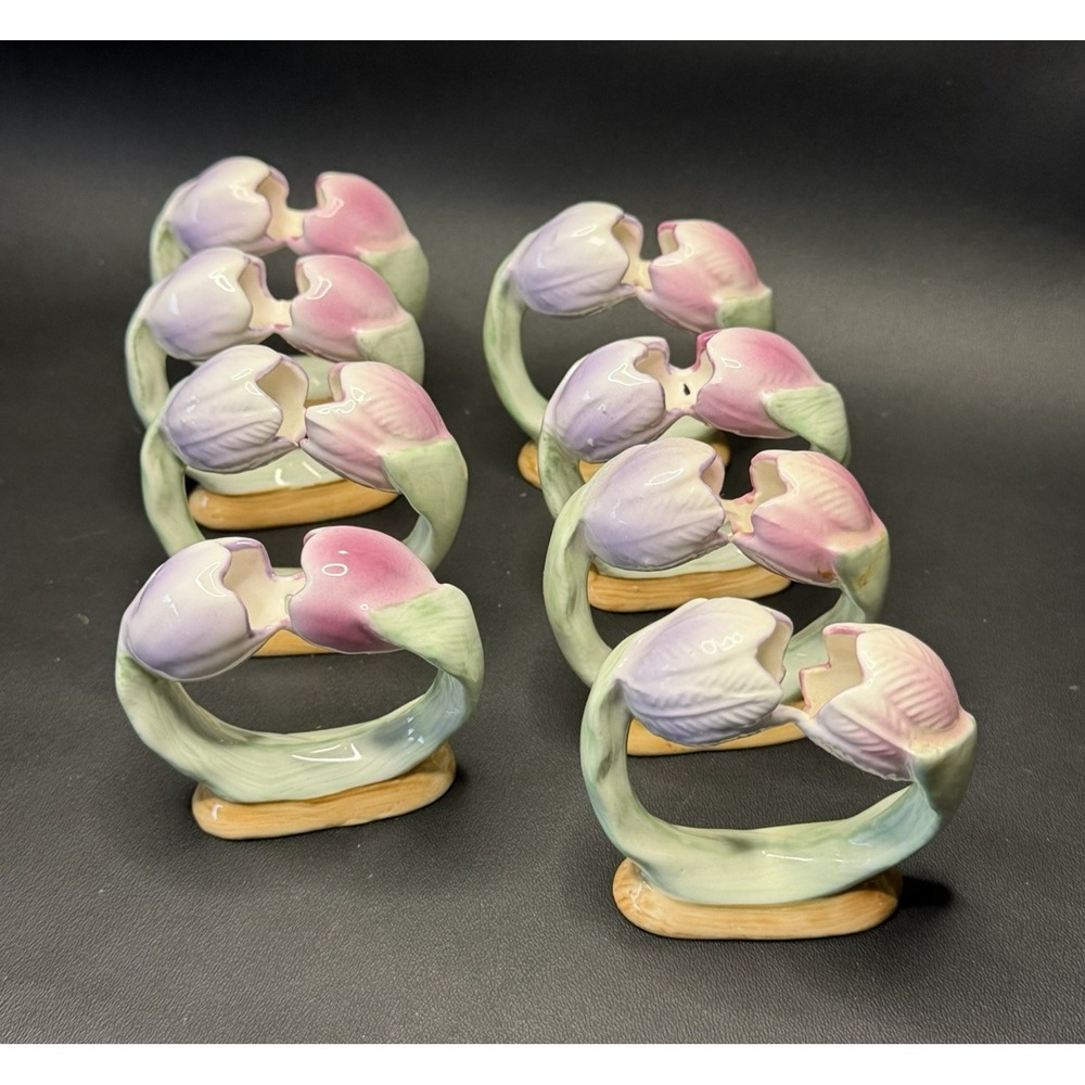PIA RPA 1986 Tulip Napkin Rings Bone China Pink Purple Green Vintage Set Of 8